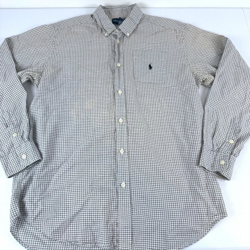 Ralph Lauren Boys XL 18-20 Brown White Check Button Down Shirt Long Sleeve